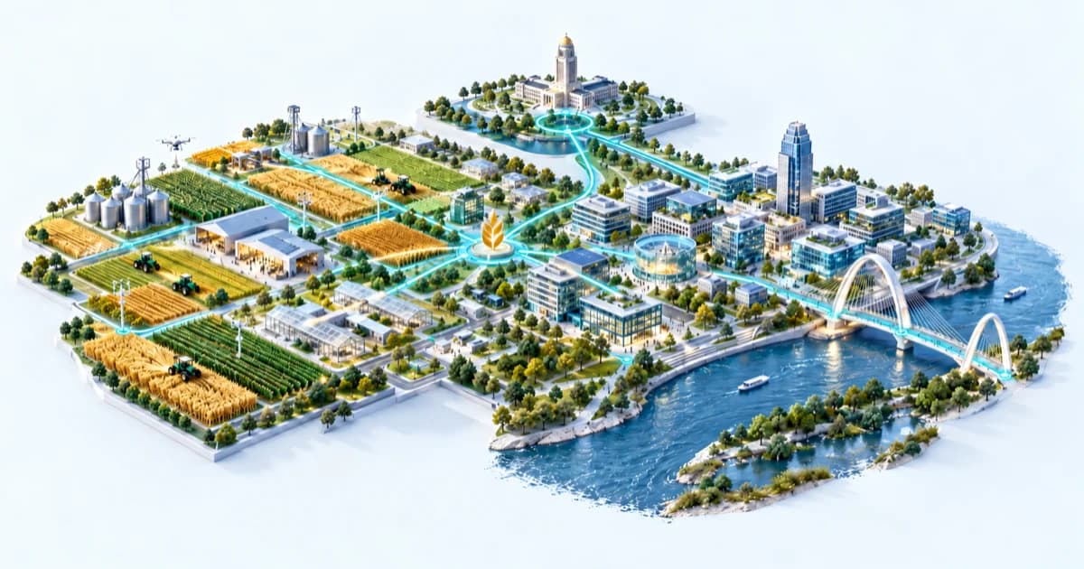 Teal capital paths connect agriculture technology fields, company offices and a separate statewide hub.