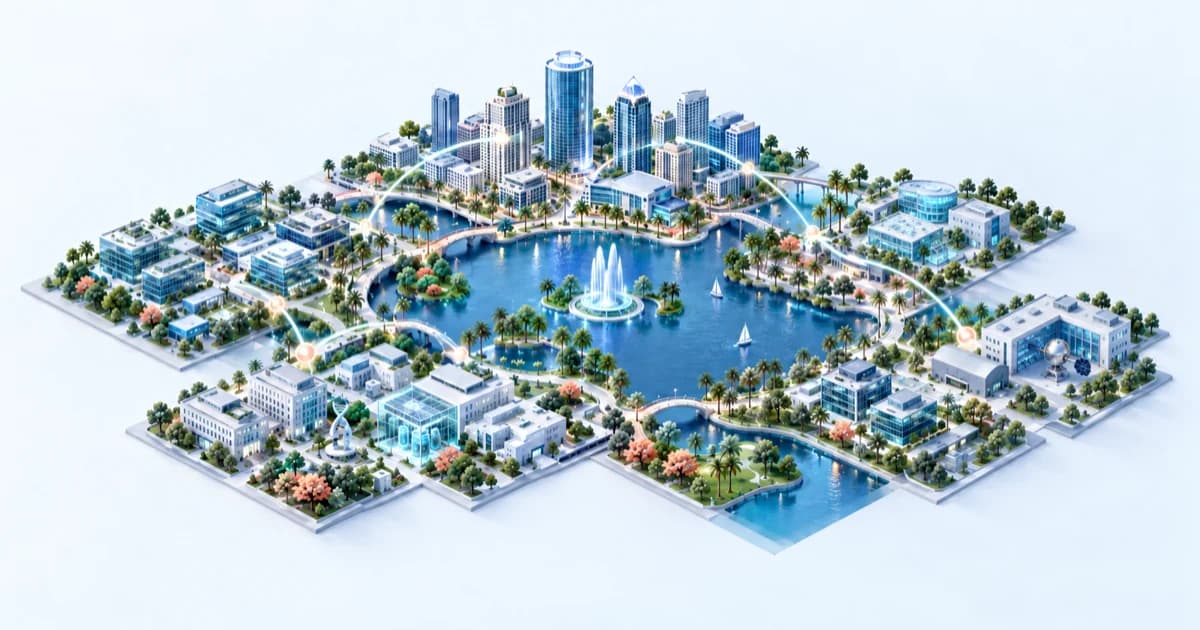 An inland lake joins software workspaces, life-science labs and a space-technology workshop.