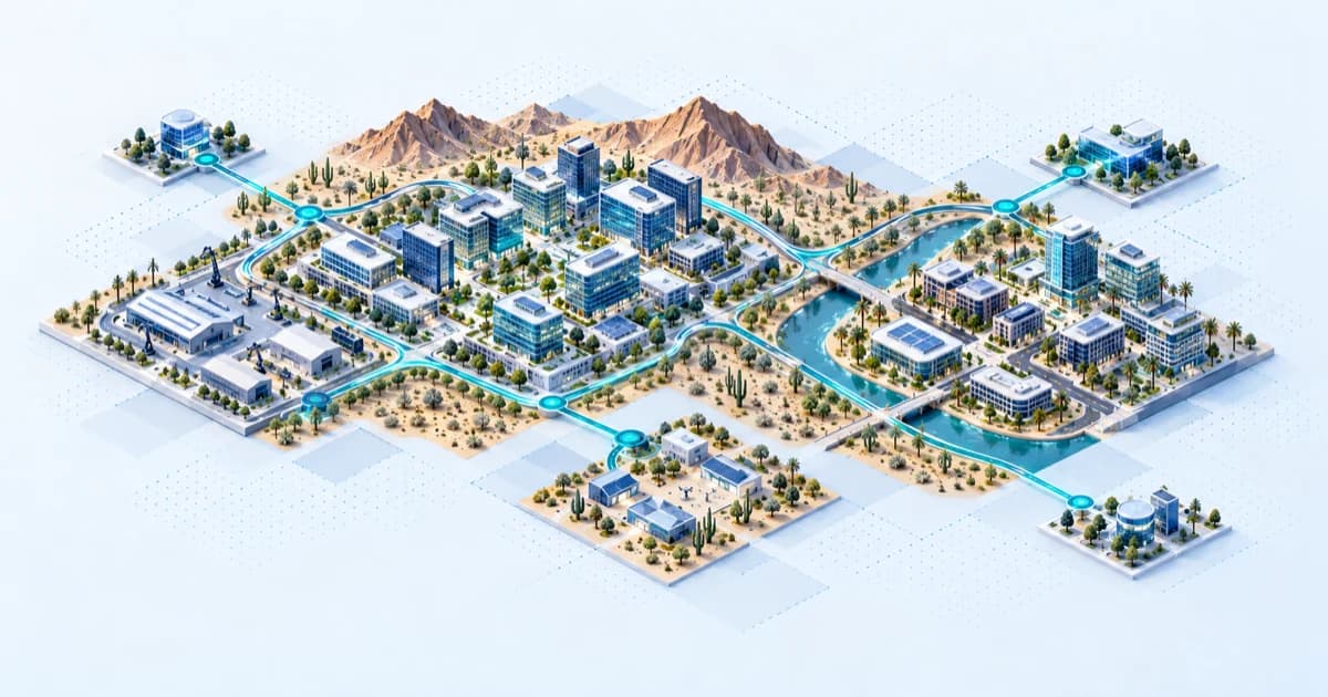 A desert valley connects software company blocks, a manufacturing pavilion and separated regional hubs.