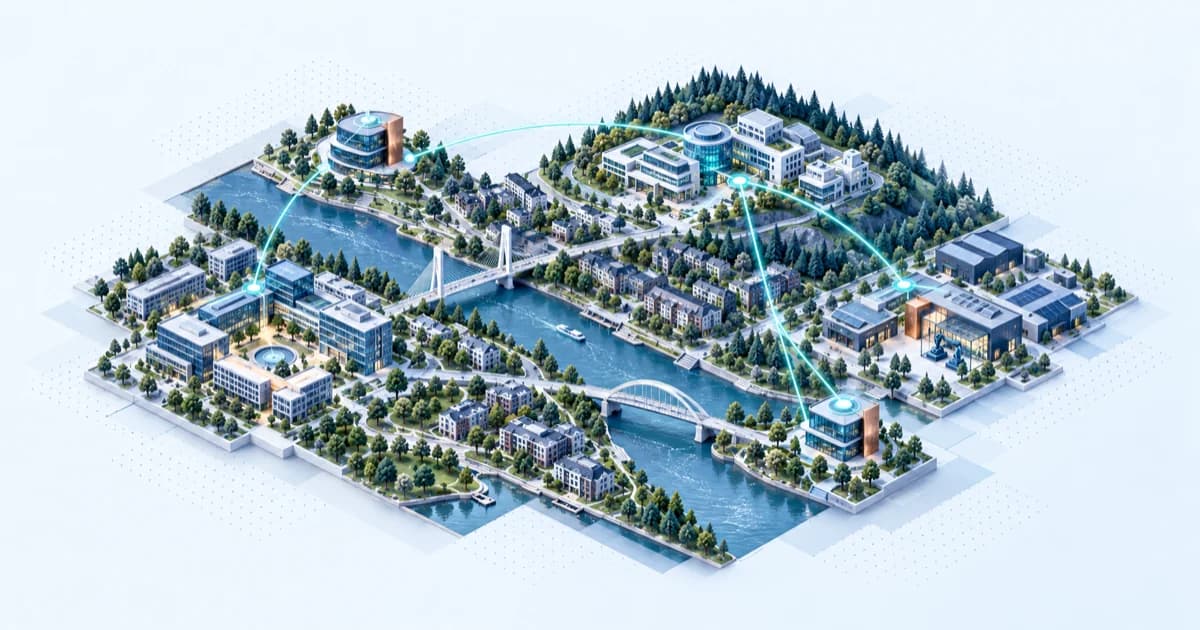 A river corridor links software offices, a wooded bioscience terrace and a prototype workshop district.