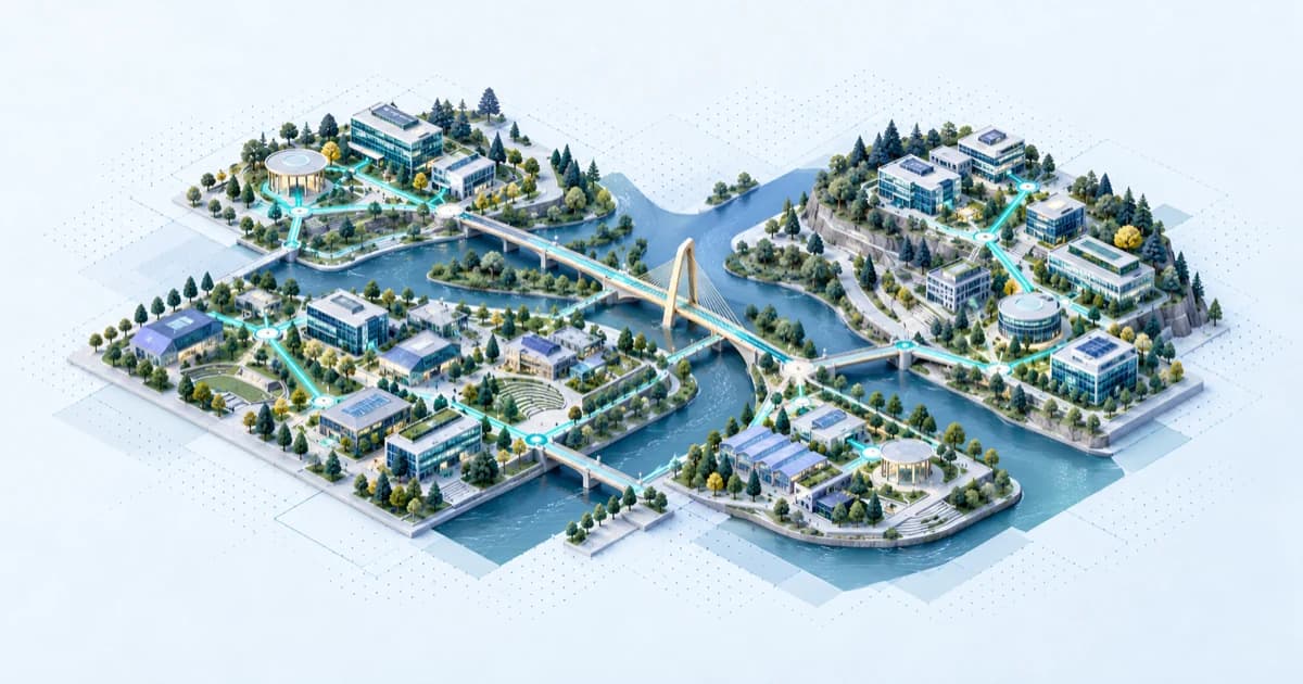 Two river branches connect company terraces, an investor pavilion and research commercialization buildings.