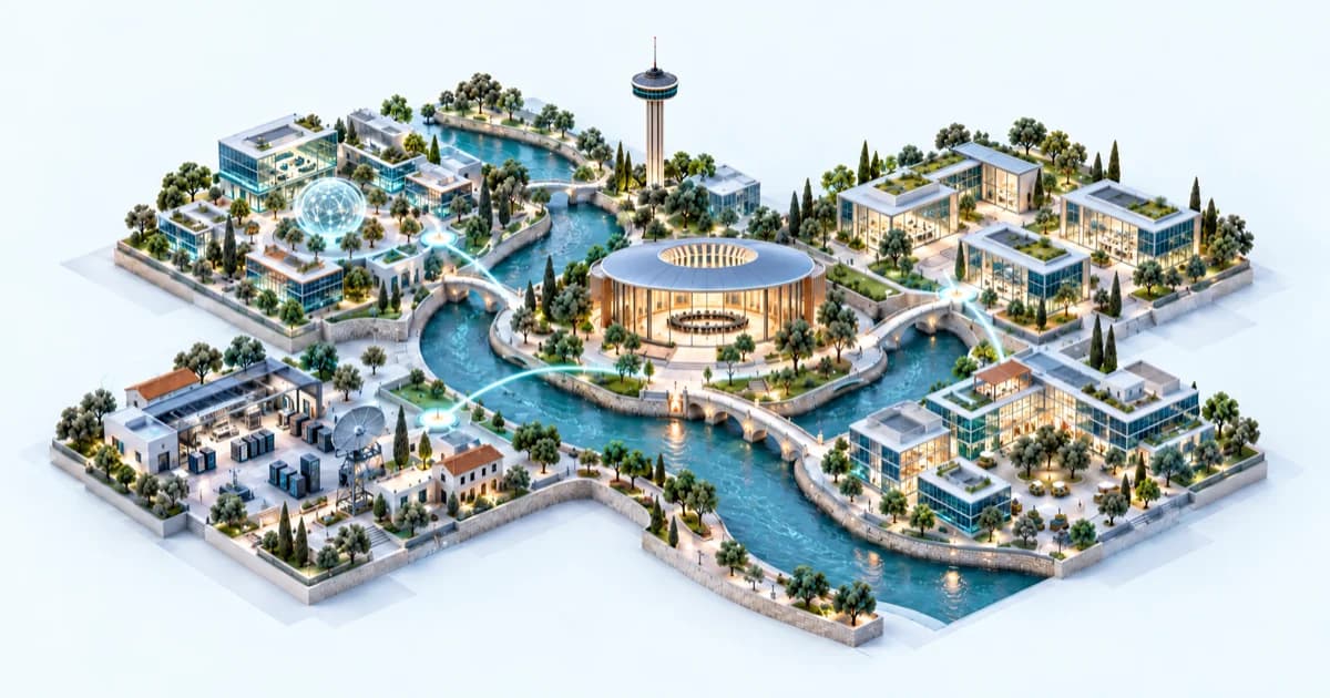A winding river connects technical workshops, software studios and a central investor meeting pavilion.