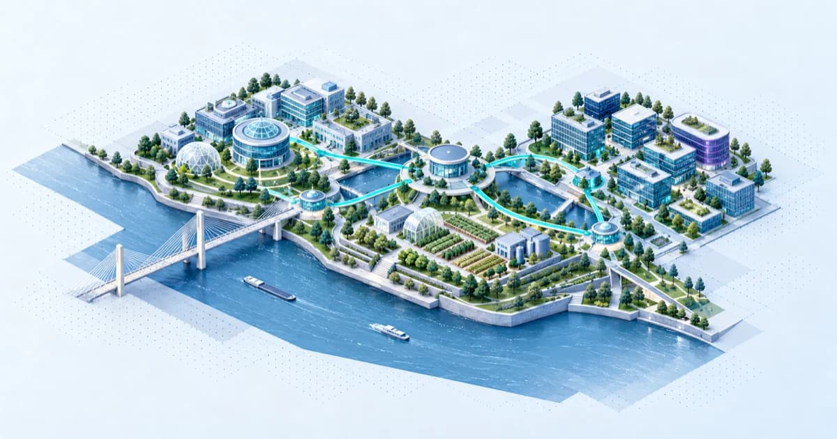 A broad riverfront joins life-science labs, agriculture greenhouses and software company blocks.