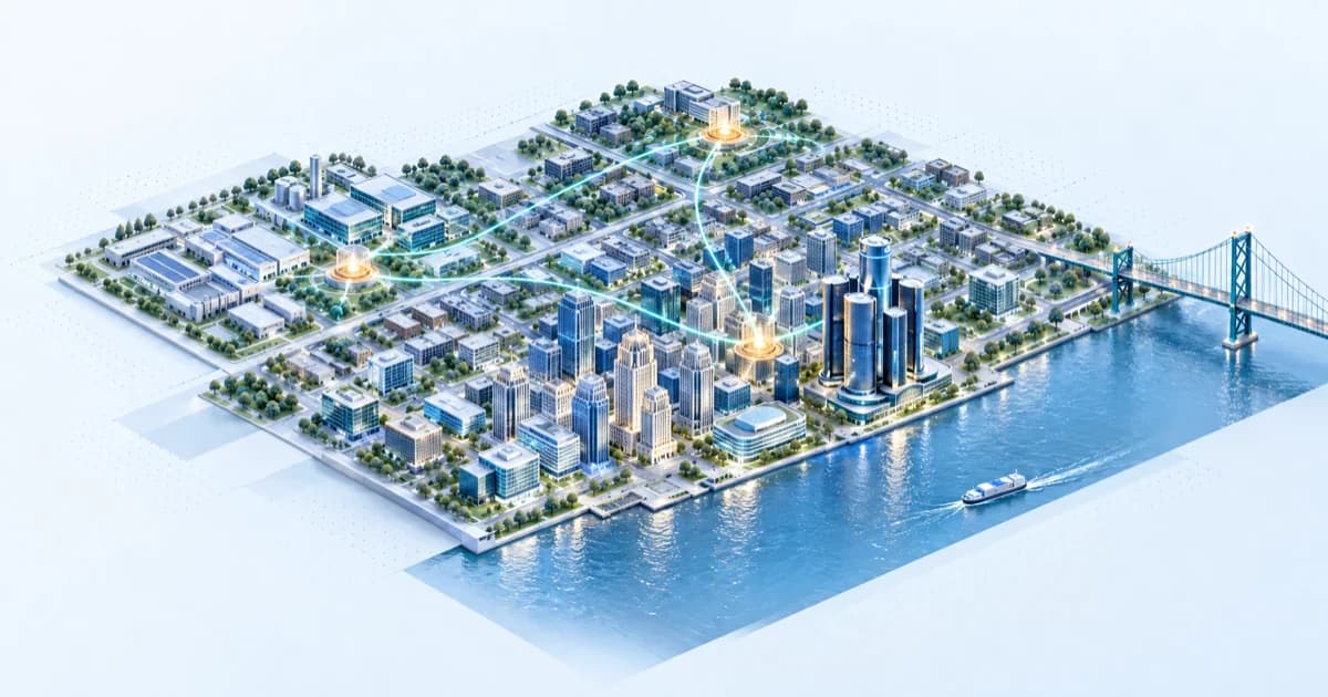 Isometric Detroit investor ecosystem with riverfront towers and technology and manufacturing districts.