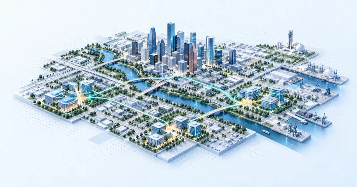 Isometric Houston investor ecosystem with glass towers, bayou, port, and research district.