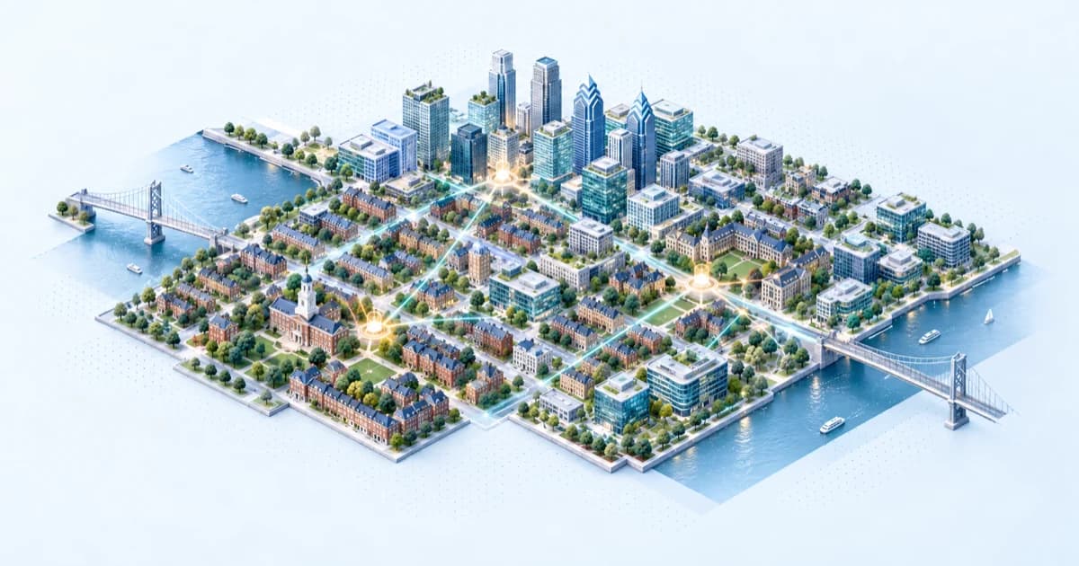 Isometric Philadelphia investor ecosystem with rowhouses, civic architecture, river, and modern towers.