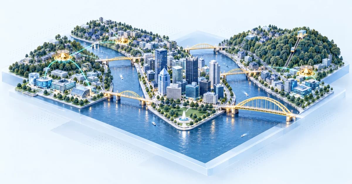 Isometric Pittsburgh investor ecosystem with three rivers, bridges, hills, and research buildings.