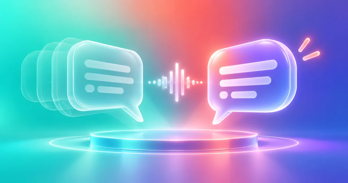 Two translucent conversation bubbles rehearse and refine a sales conversation on a small practice stage.