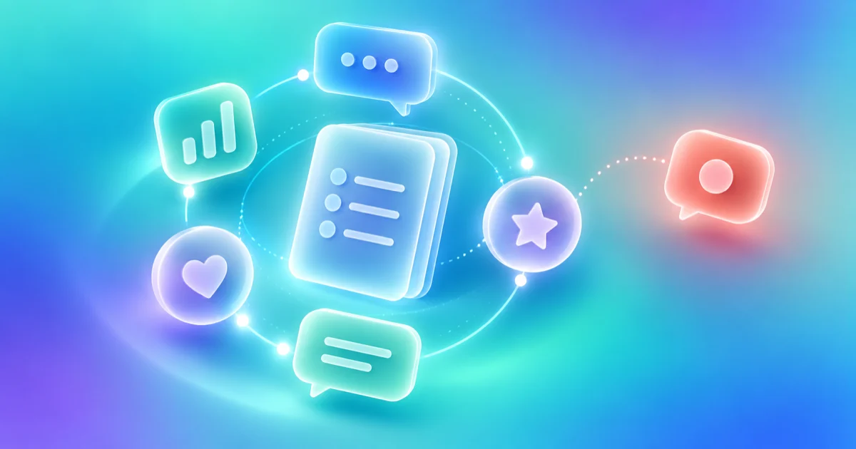 A ring of glass conversation tokens contributes different feedback to a central decision notebook.