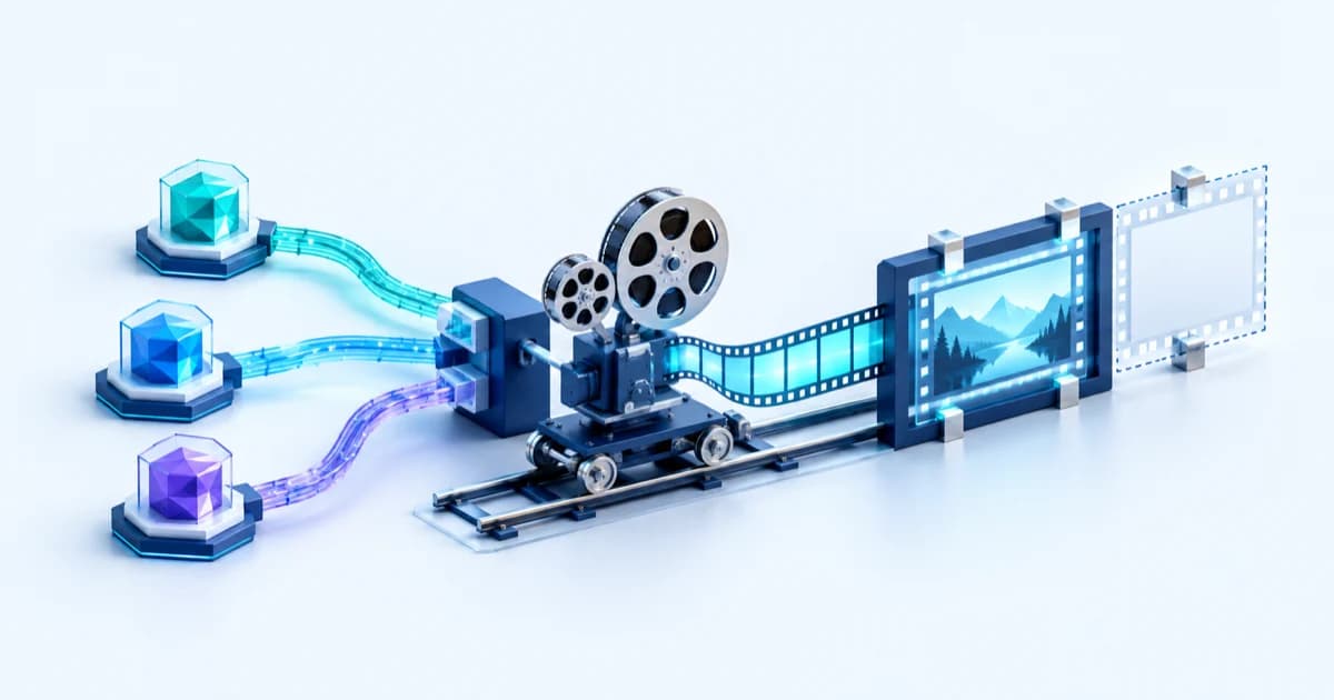 A miniature film-production rig connects camera, film reel and separate funding cartridges to a completion frame.