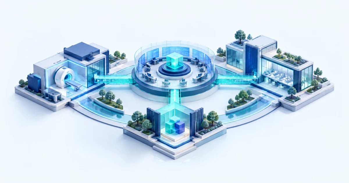 A miniature healthcare services campus connects operating modules to a separate investment partnership dock.