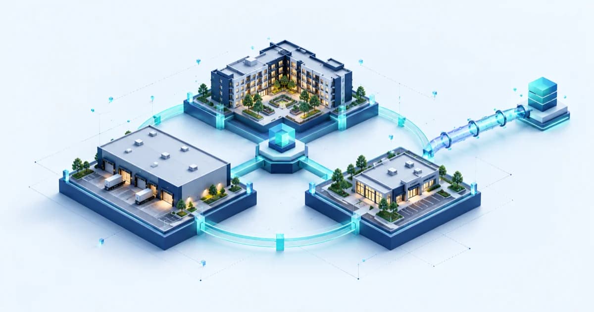 Warehouse, residential and service properties connect distinct equity foundations to a sponsor hub.