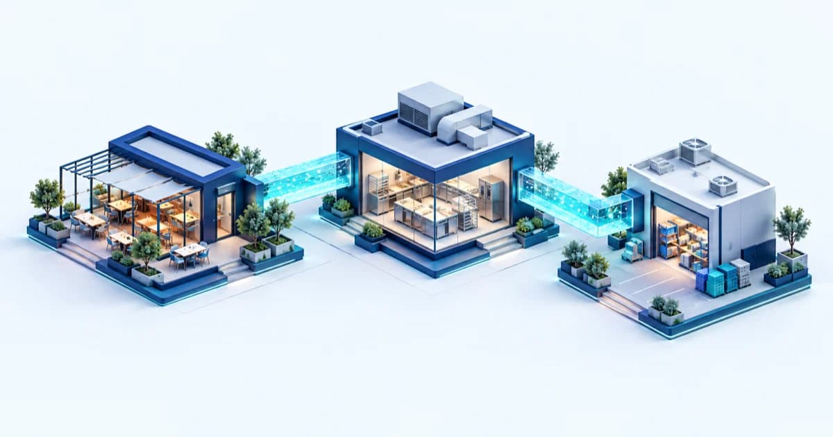 Restaurant-brand, franchise-operator and supply modules connect through a strategic capital coupling.
