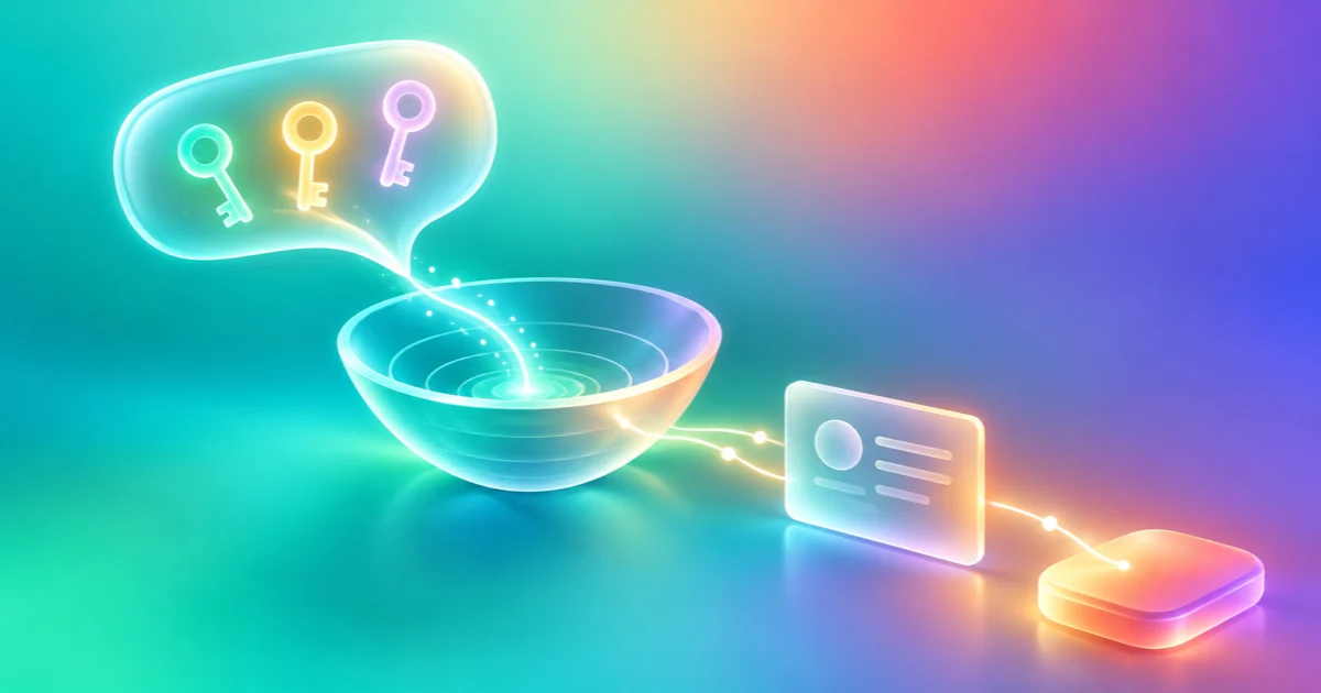 Luminous question keys connect a listening bowl to an evidence card and one next-step stone.