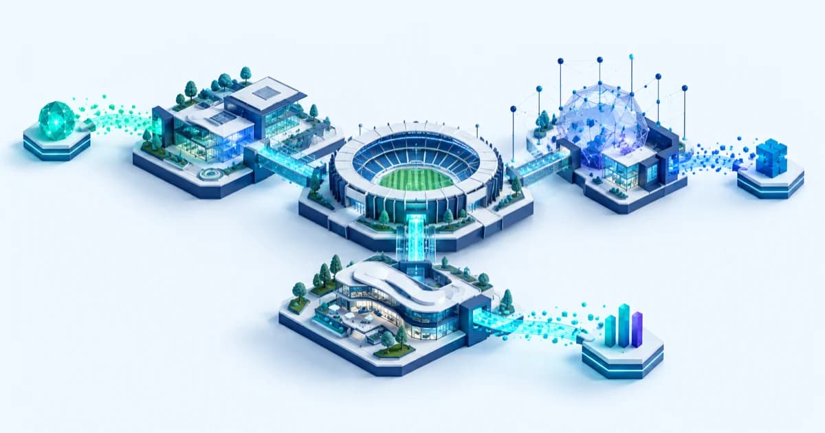 A stadium, sports operating business and technology lab each connect to a distinct capital route.