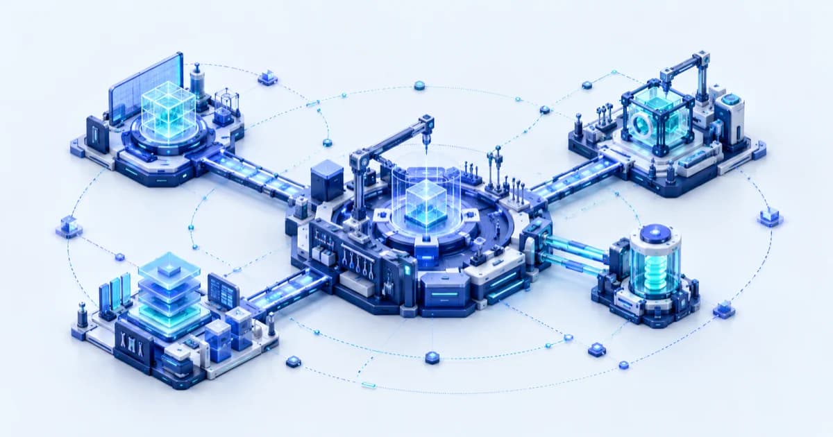 A miniature venture-building workshop connects shared tools, startup modules and a separate capital cartridge.