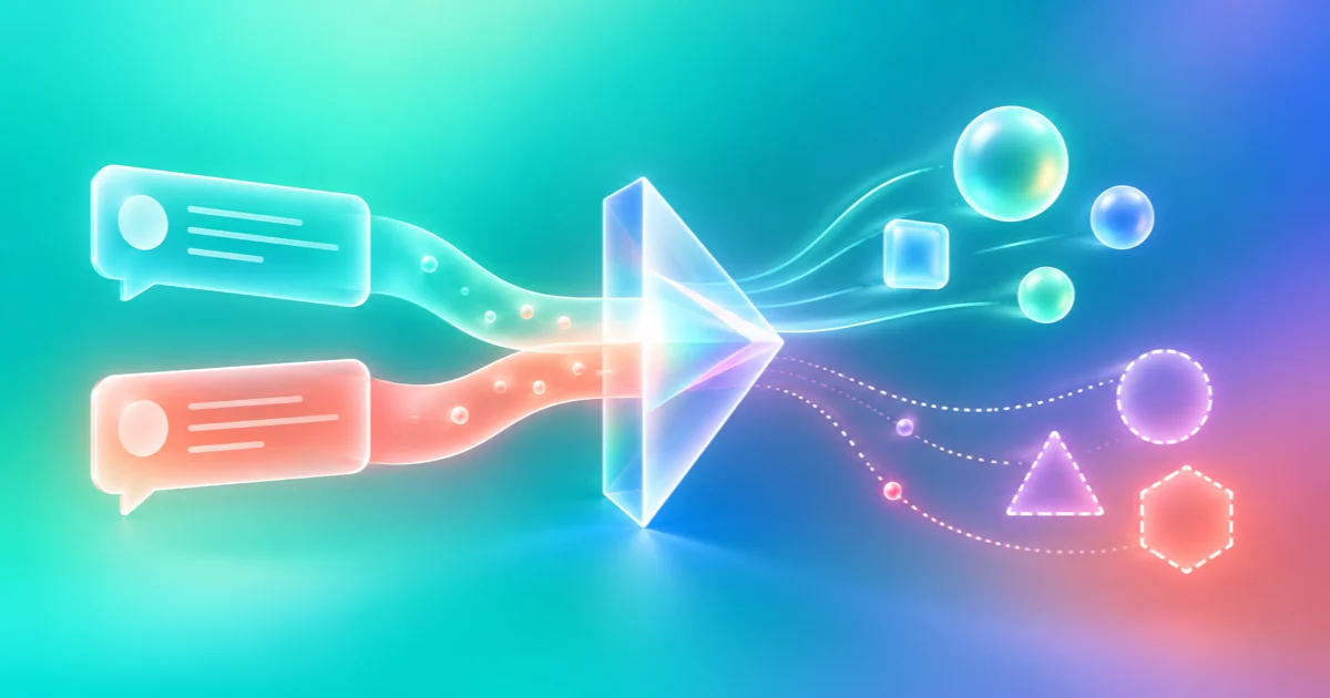 Two interview ribbons pass through an evidence prism, separating solid observations from dotted hypotheses.