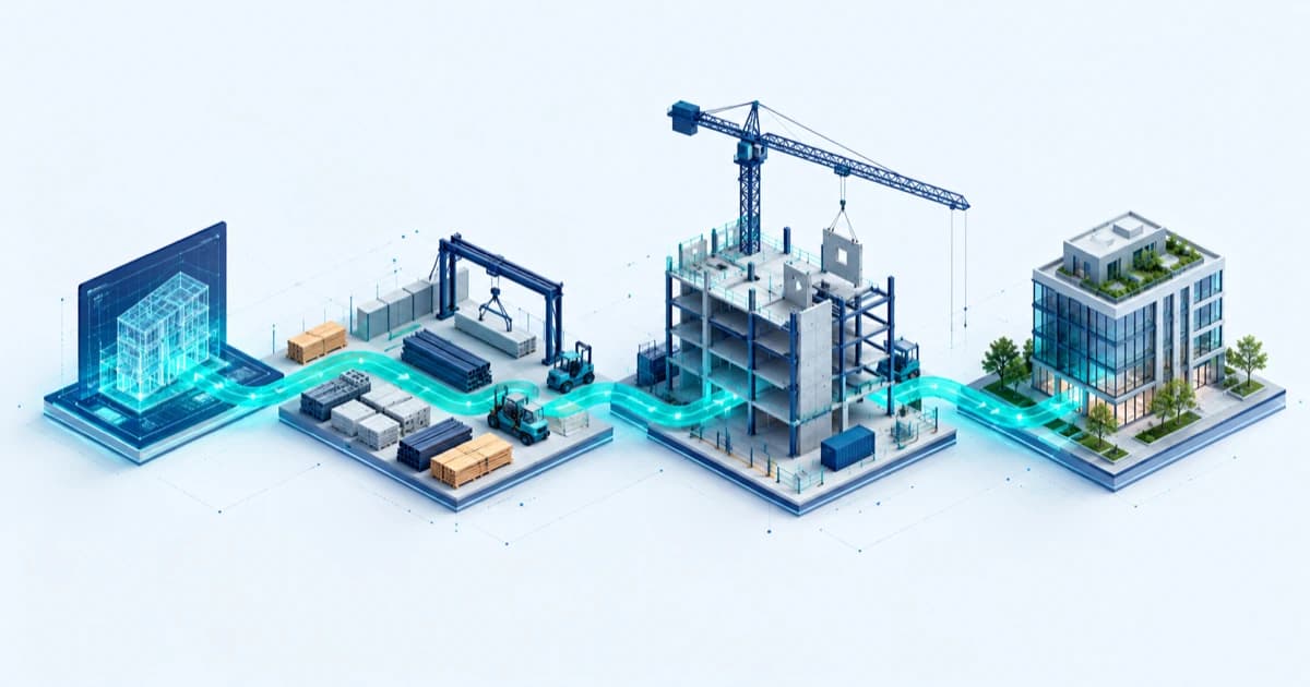 A construction-technology model connects design, site deployment and operating evidence.