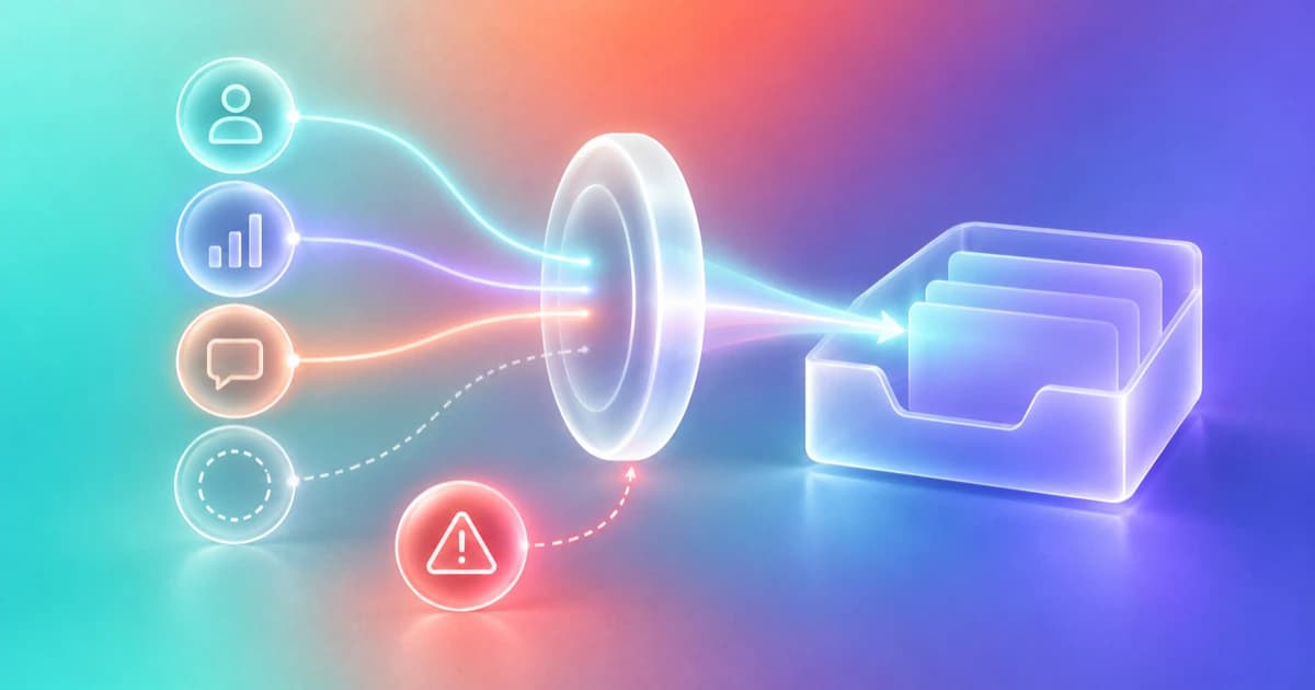 Four glass signal paths approach a review lens, with one input visibly incomplete.