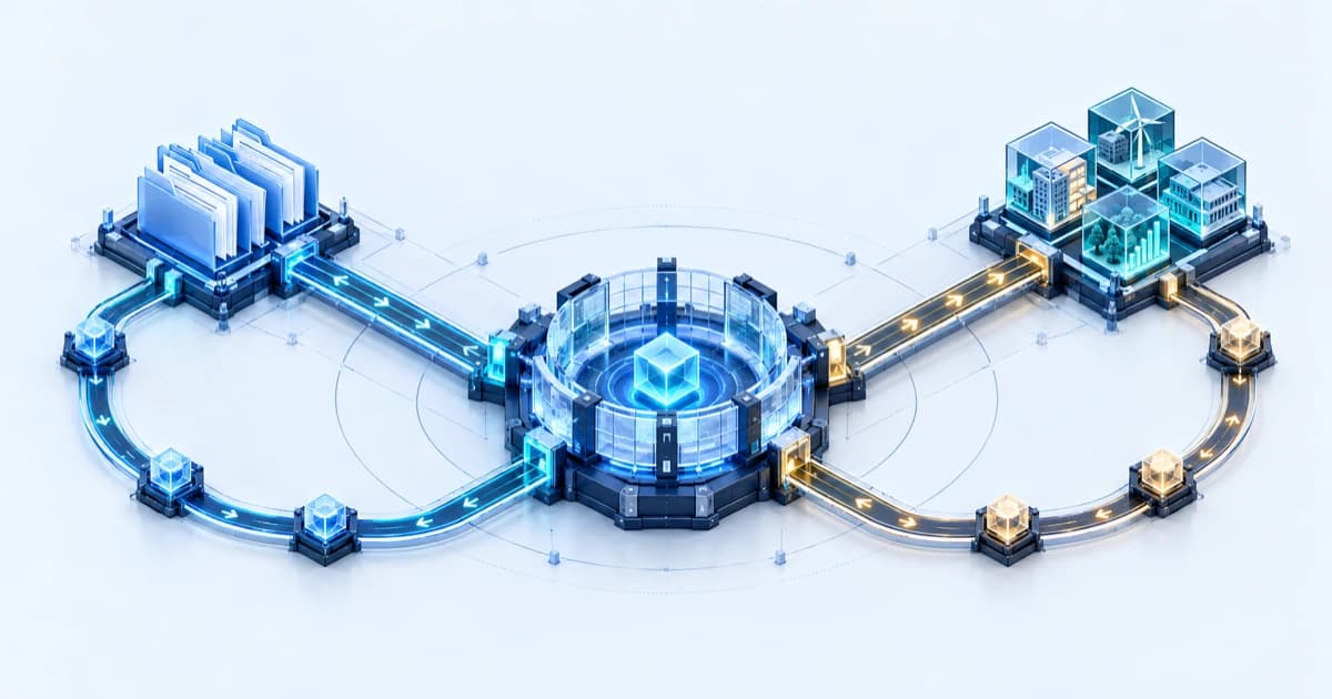 Two distinct financing rails connect commitment records and asset evidence to a review core.