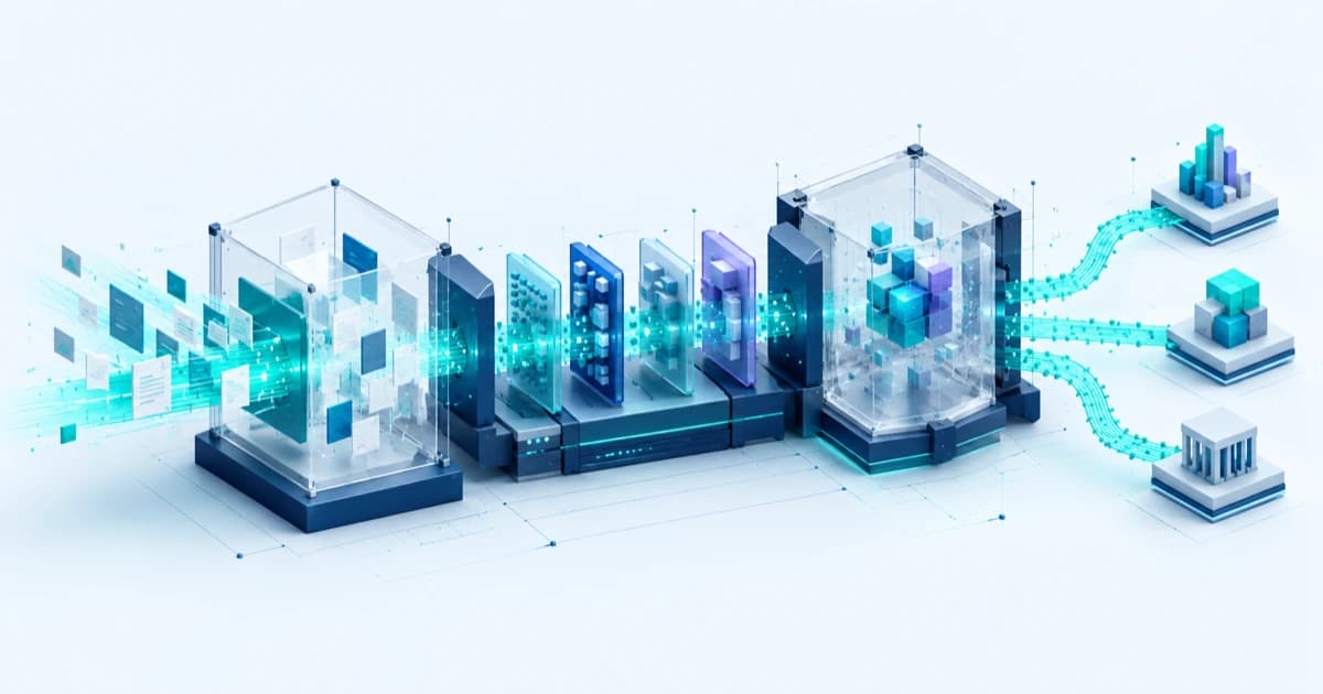 An isometric insurance-risk system connects source blocks to a central review structure.
