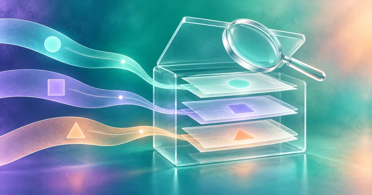 Three marked source ribbons lead to matching glass evidence layers beneath an inspection lens.