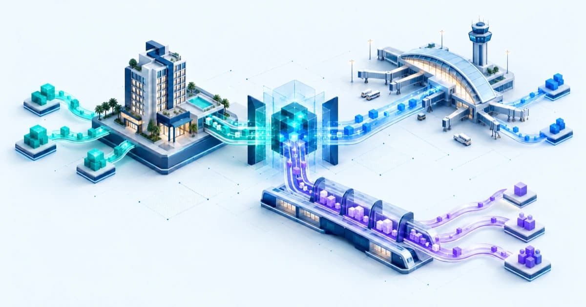 Hotel, airport and rail systems connect through a shared travel-technology exchange.